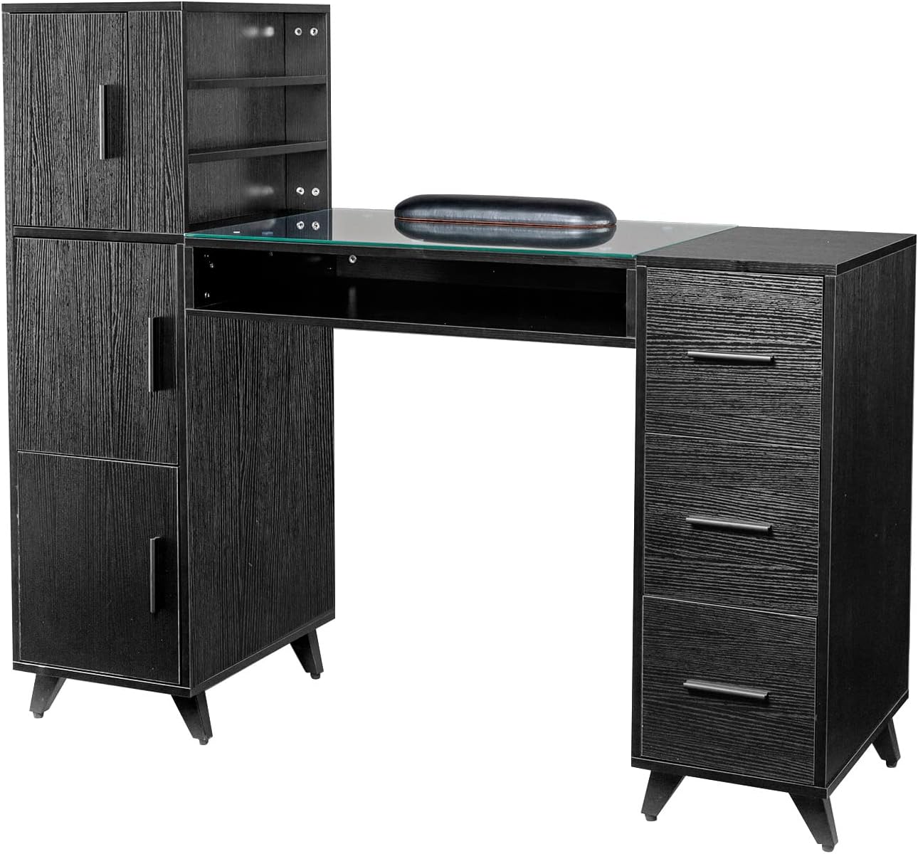 OmySalon Manicure Table - Nail Desk with Glass Top & Wrist Rest | Acetone Resistant, 3 Cabinets & Drawers for Nail Tech