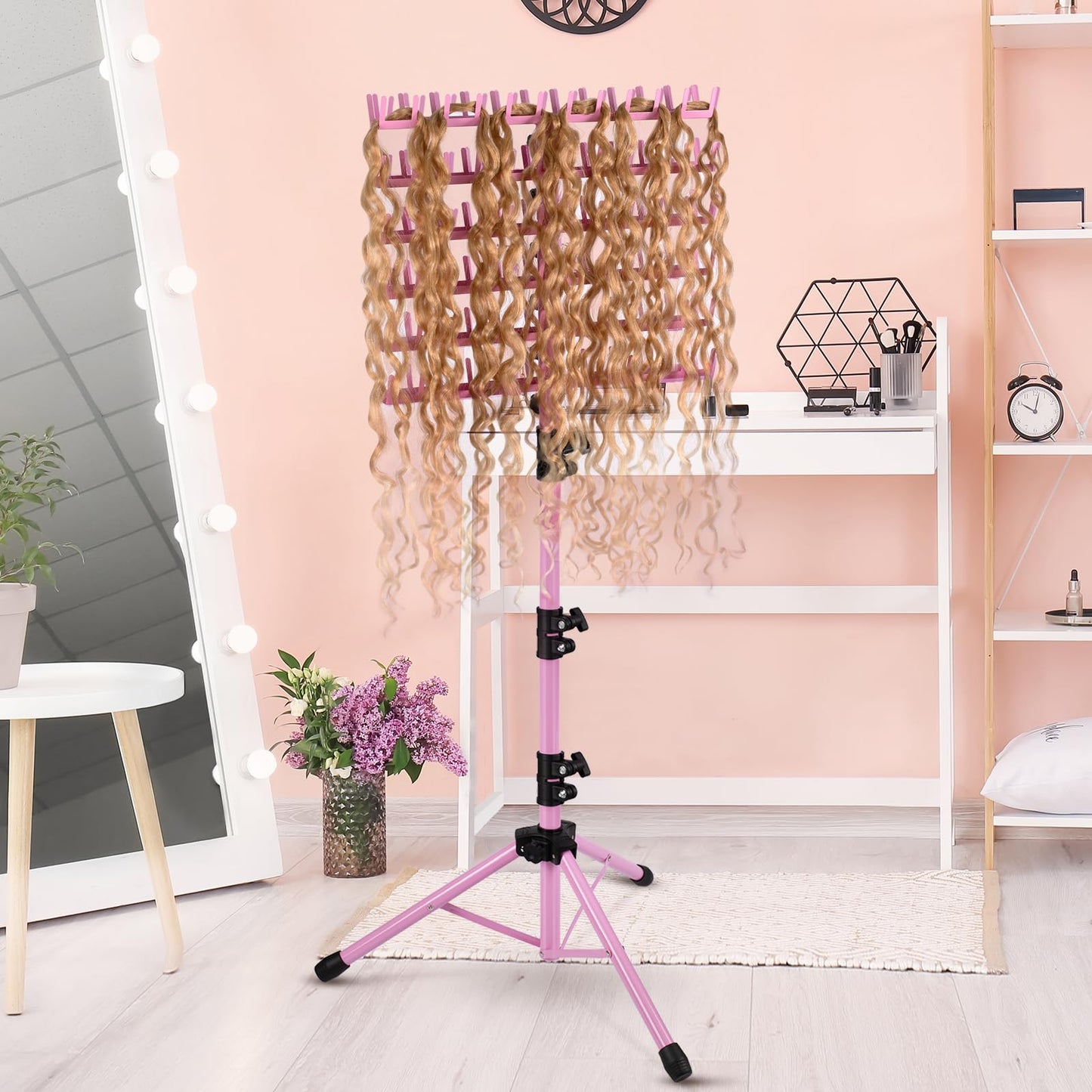 Klvied Braiding Hair Rack Standing 144 Pegs, Heavy Duty Hair Racks for Braiders Standing, Hair Divider Rack for Braiding Hair Separator, Braiding Rack with Carrying Bag and Hair Braiding Tools, Pink