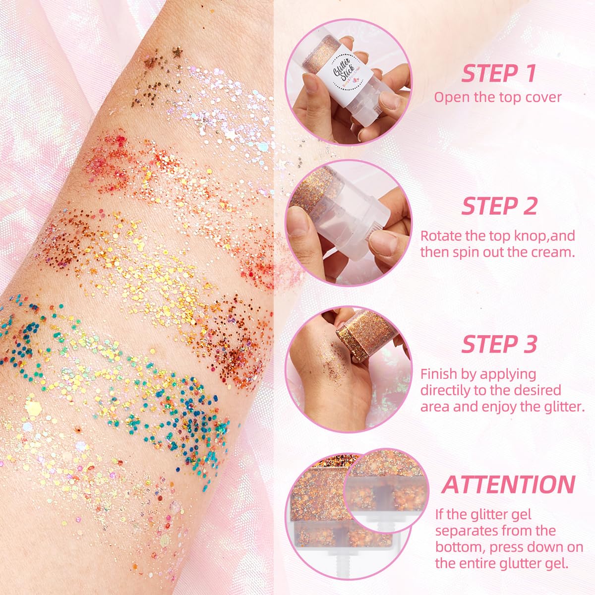 4th of July Body Glitter Stick for Face, Body & Hair - Red White & Blue Chunky Glitter with Star Sequins, 2 Pack Patriotic Makeup for Watch Party, Festival, Rave, Concert & Stadium for Women 2 Pack
