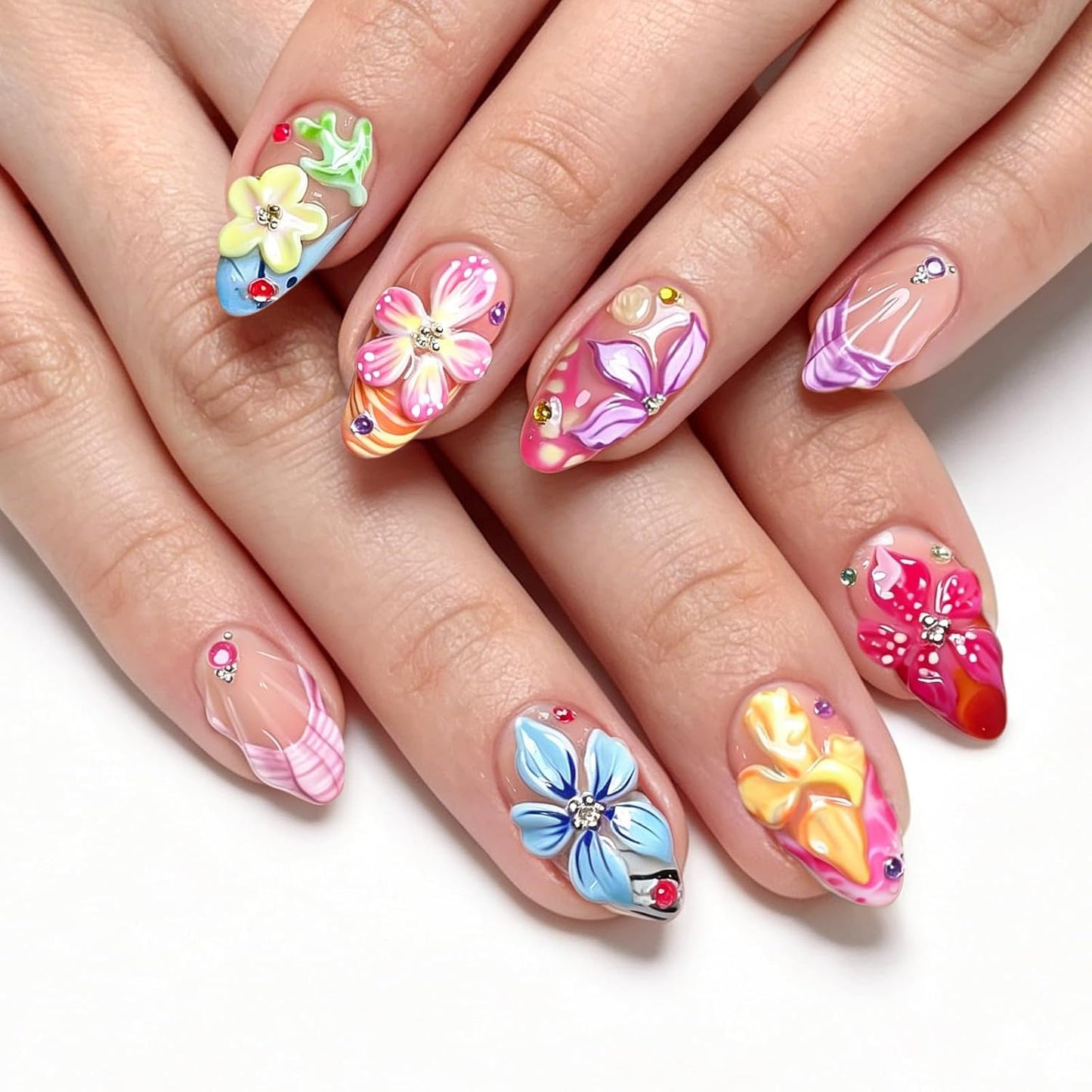 Colorful Summer Press-On Nails - Medium Almond Blue Ocean & Fish Designs | 30PCS Glossy Beach Nails for Women