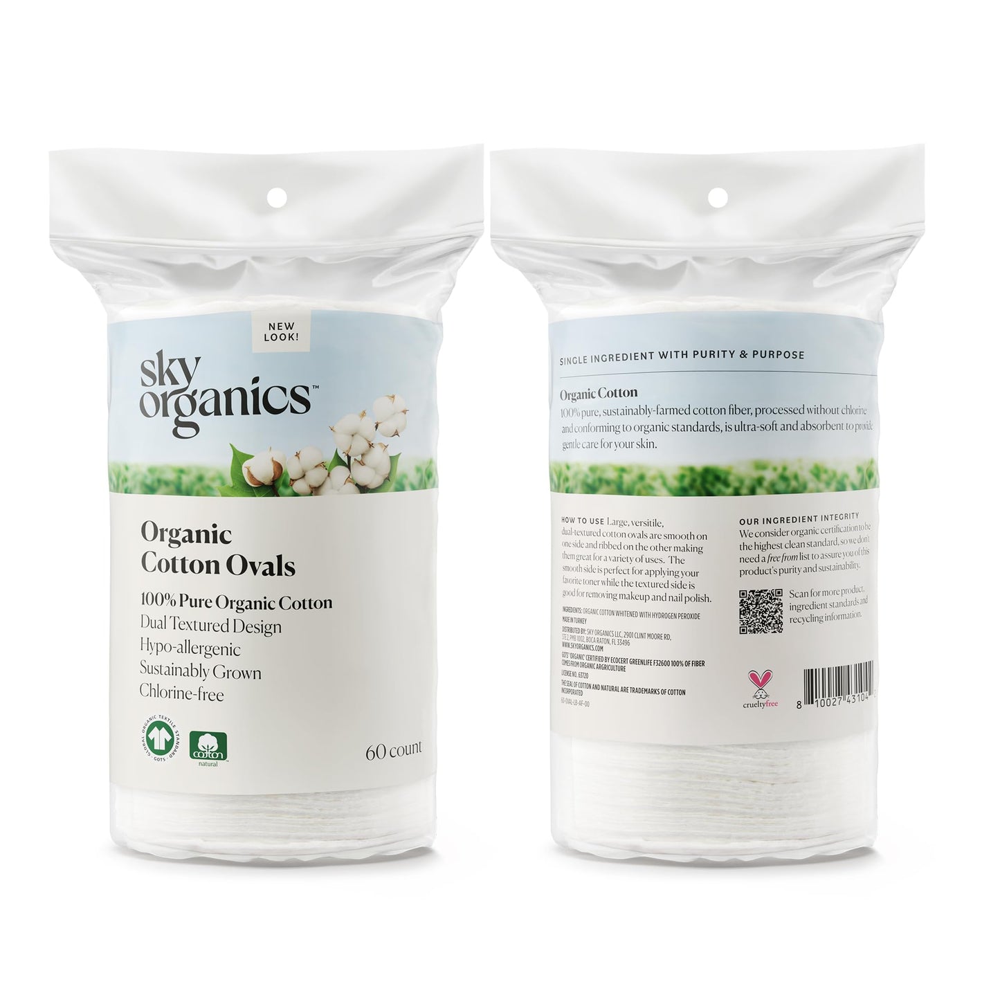Sky Organics Organic Premium Cotton Large Pads for Makeup Removal, Cleansing, Toner Application, 100% Pure Organic Cotton with GOTS Certified, Dual Textured Design, DIY ebook Included