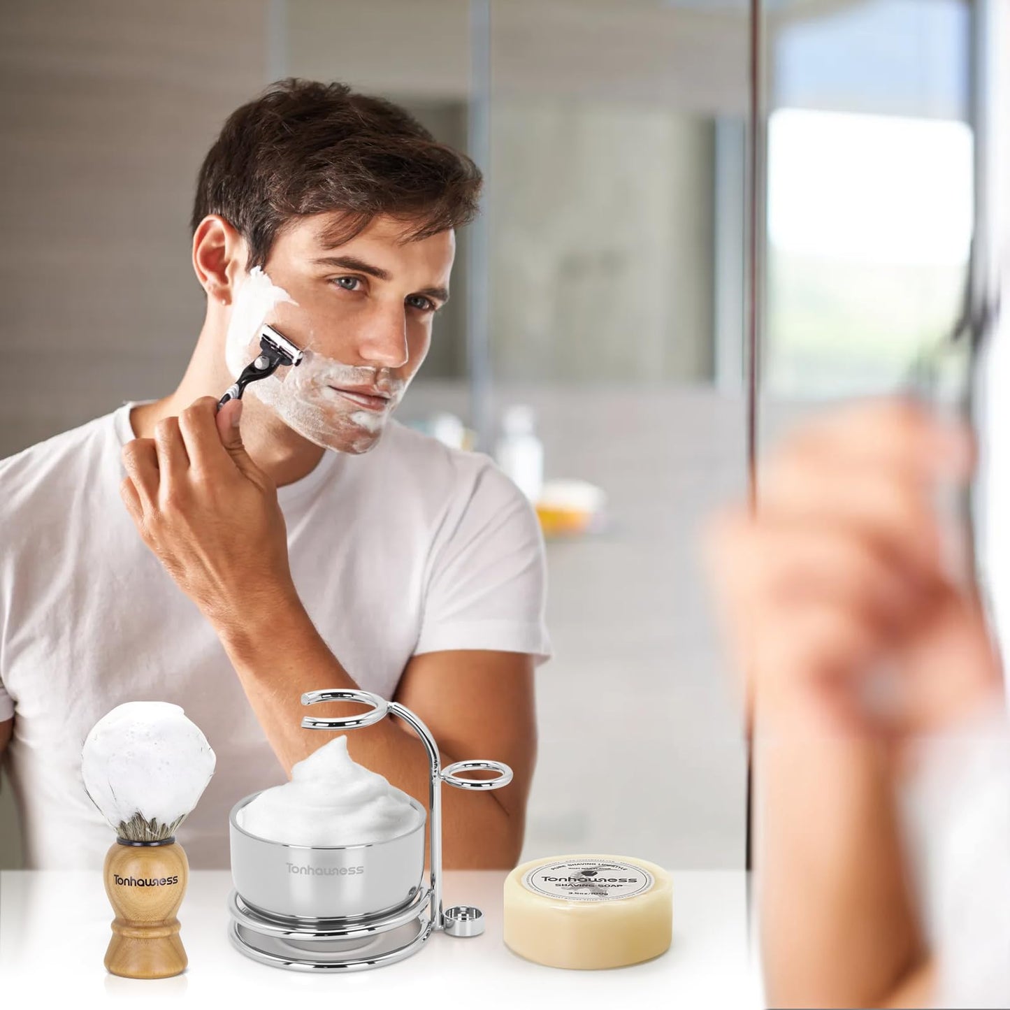 Badger Hair Shaving Brush With Wood Handle, Goat Milk Shaving Soap, Dual-ring Base Stainless Steel Shaving Stand Holder and 3 Layers Shaving Bowl for Men's Wet Shaving (Wood With Badger Hair)