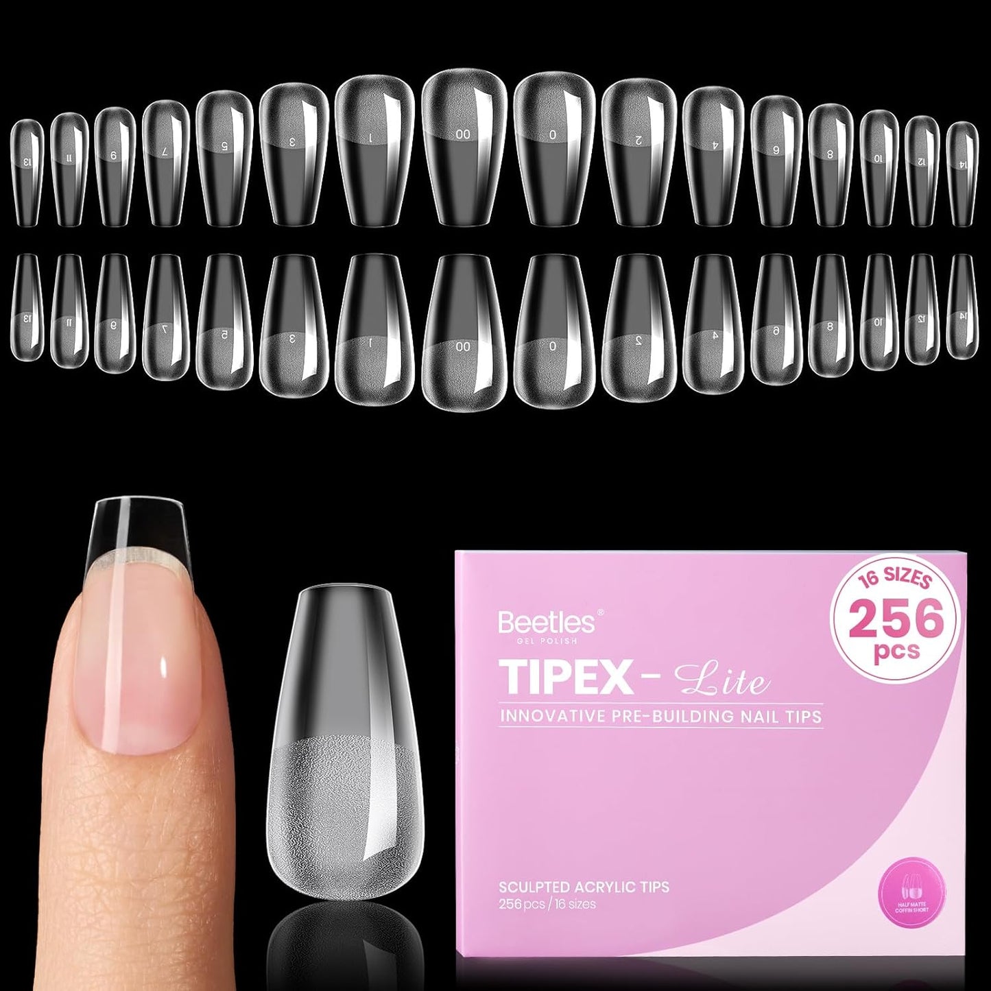 Beetles Nail Tips - Medium Stiletto Apex for DIY Extensions | 16 Sizes 00-14, No Builder Gel Needed