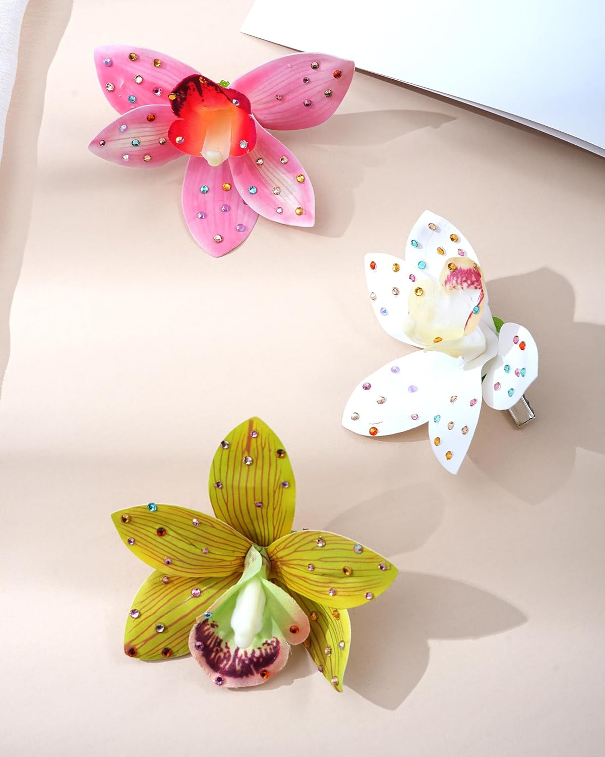 Hawaiian Flower Hair Clips - 3 Pack Tropical Orchid Hair Pins | Rhinestone Accessories for Weddings & Beach Parties (Pink)