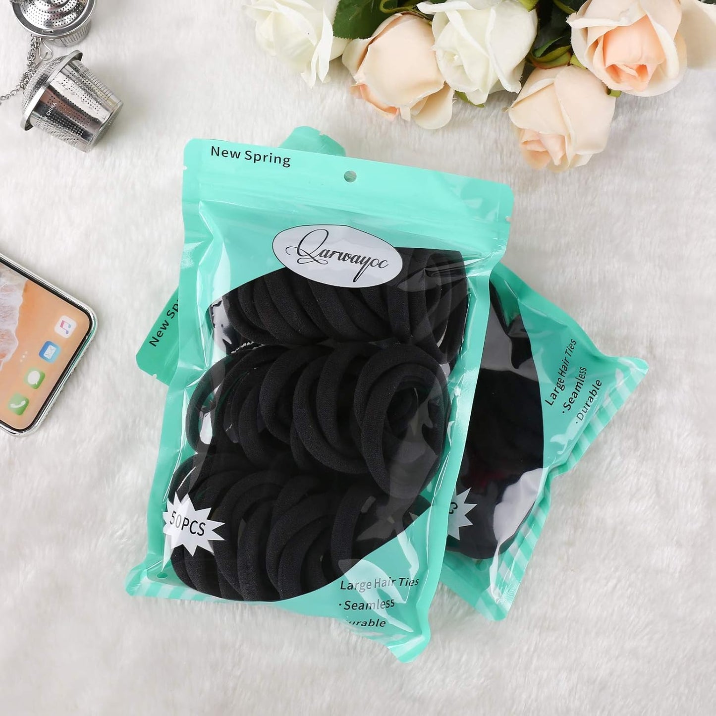 Black Hair Ties for Women - 50PCS Cotton Seamless Ponytail Holders | No Damage, 2 Inch Diameter