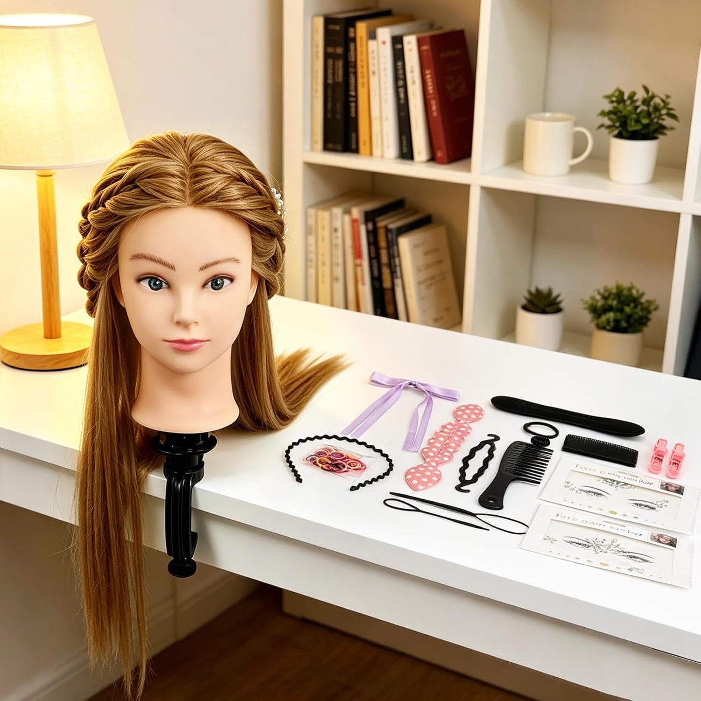 Mannequin Head - 90% Human Hair Styling Head for Cosmetology | 24" Hairdressing Training Doll with Table Clamp (Gold B)