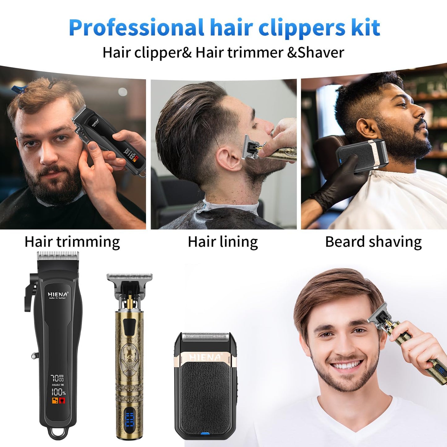 HIENA PRO Professional Cordless Hair Clippers for Men, T-Blade Beard Trimmer & Foil Shaver Set, Barber Clipper Hair Cutting Grooming Kit, Barber kit