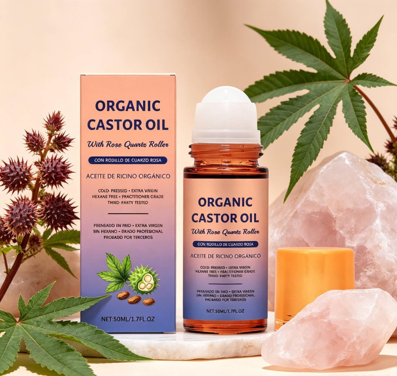 Organic Castor Oil with Rose Quartz Roller - 100% Pure Cold-Pressed | Hexane-Free 1.7oz Amber Glass Bottle for Skin