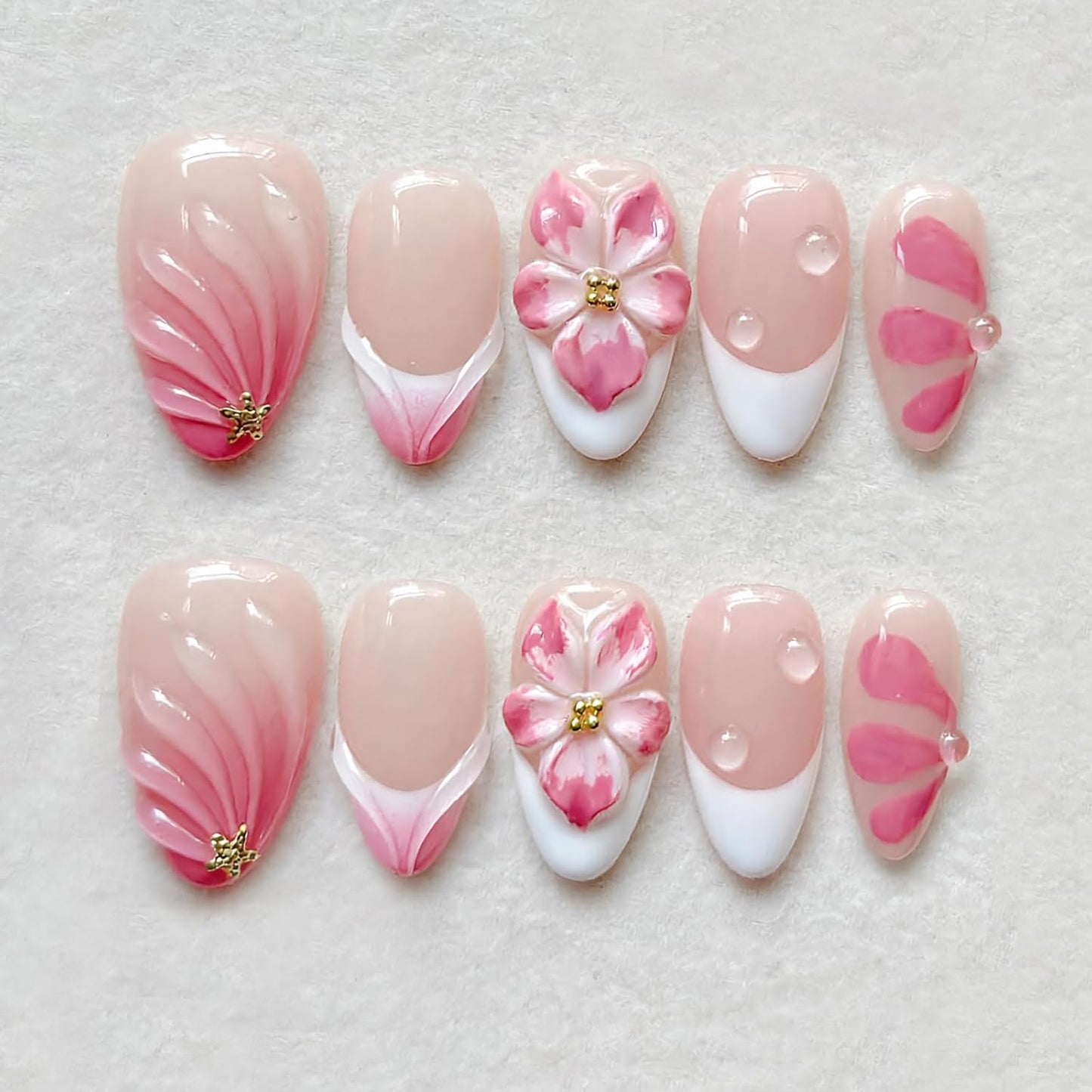 French Tip Press On Nails - Short Almond 3D Pearl & Starfish Design | Blue White Acrylic Full Cover for DIY Manicure