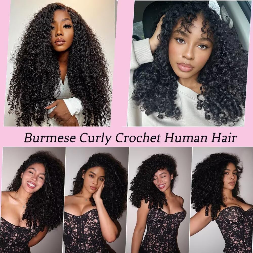 Feather Crochet Human Hair 20 Inch Crochet Burmese Curly 15A 100% Human Hair Bundles 120g 80 Strands Pre-Separated Crochet Hair for Black Women Burmese Curly Invisible Crochet Hair Extensions