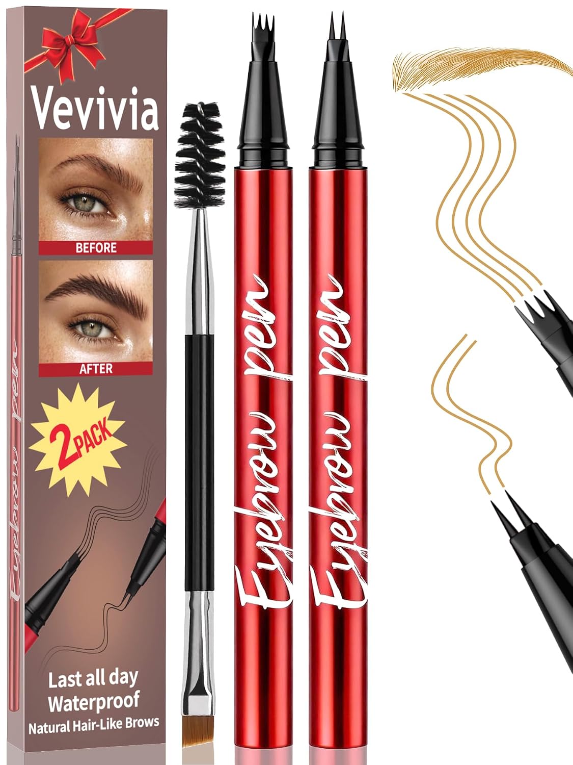 Eyebrow Pen Set - Waterproof Microblading Pencils for All Brow Types | 2 Pack, Dark Brown