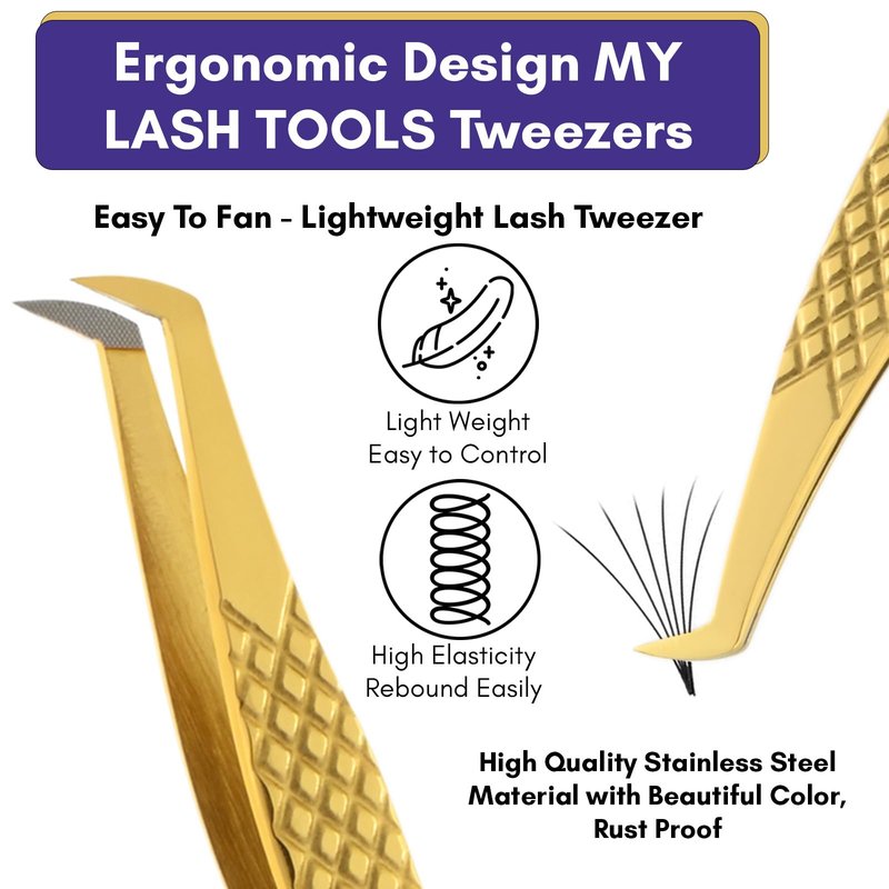Mega Volume Fiber Grip Lash Tweezer – Boot Tip, Diamond Grip, Professional Stainless Steel, Precision Lash Extension Tool for Volume Fans, Classic, and Mega Volume Eyelash Extensions (Gold)