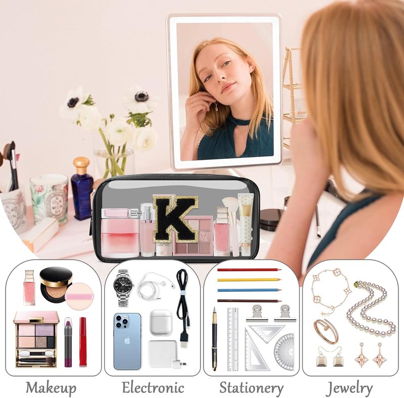 Personalized Initial Letter Clear Makeup Bag - Preppy Nylon & PVC Cosmetic Zipper Bag | Travel Toiletry Organizer for Teens & Women, Monogrammed Gift