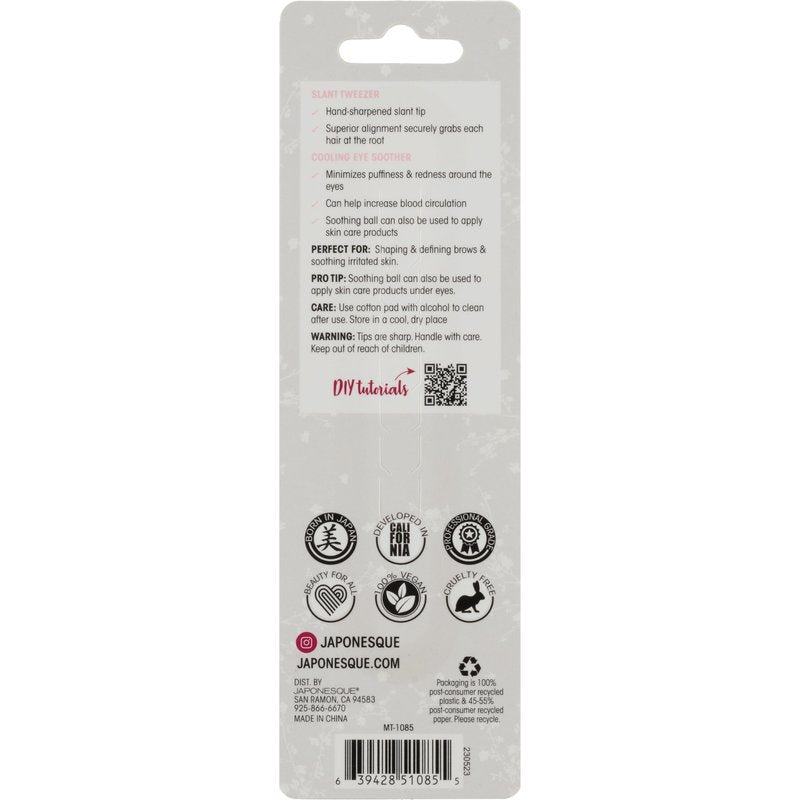 JAPONESQUE Shape & Soothe Tweezer, 2-in-1 Tool, Slant Tweezer for Shaping & Defining Brows & Eye Soother for Reducing Puffiness