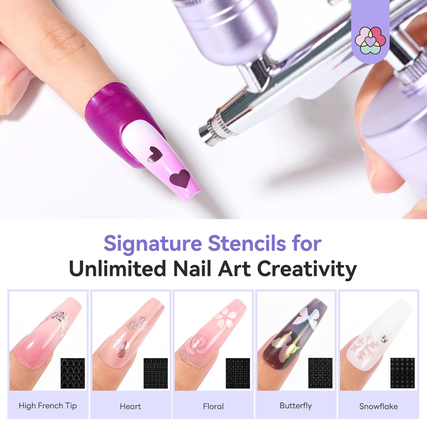 SAVILAND 7-in-1 Pro Dilution-Free Airbrush Set: Hema-Free Airbrush Gel Nail Polish & Airbrush for Nails Airbrush Cleaner Airbrush Stencils Protector for Fingers Masks Instant Nail Technician Salon