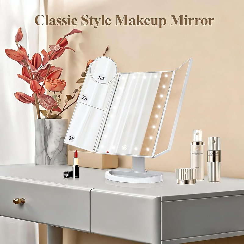 Makeup Mirror with Lights - Trifold Vanity Mirror | 2X/3X/10X Magnification, Touch Control, Dual Power Supply