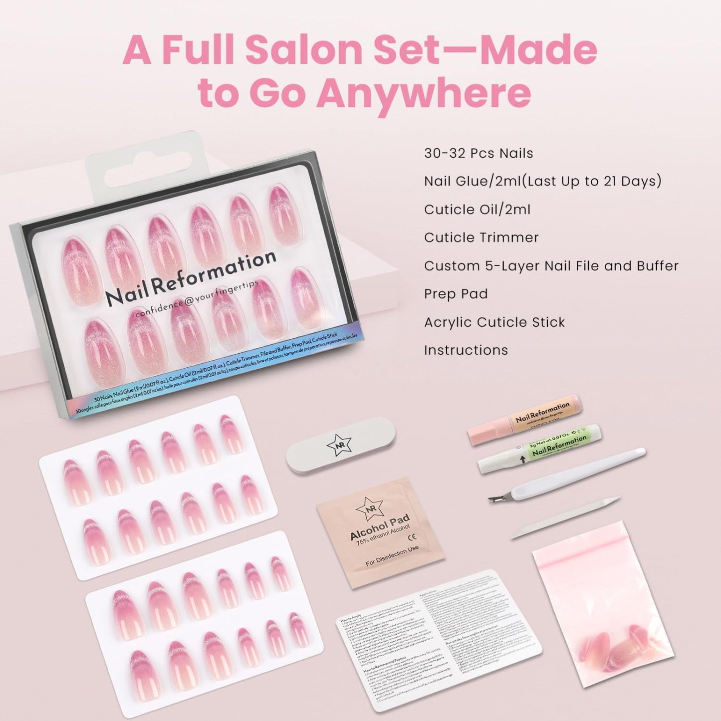 Press On Nails - Ombre Pink Velvet Shimmer Medium Almond | 30 Pcs Reusable Stick-On Kit with Glossy Finish & Glue