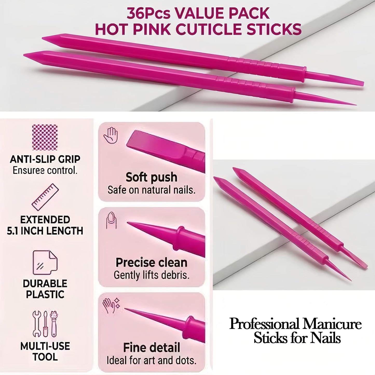 36Pcs Plastic Cuticle Sticks for Nails,Double Sided Cuticle Pusher Bulk,Nail Cleaner Tools for Manicure,3-Tip Dotting Tool for Gel Polish,Crafts 5.1 Inch,Hot Pink