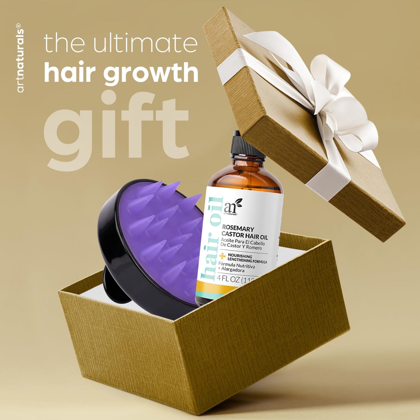 ArtNaturals Organic Rosemary Castor Hair Growth Tonic Oil + Massager Hair Regrowth Set, 4 oz with Coconut & Olive Oil, Scalp Treatment for Dry, Damaged & Split Ends