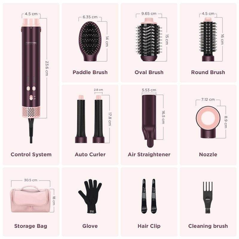 7-in-1 Hot Air Styler,MaxAIR 2.0,PARWIN PRO BEAUTY Travel Dual Voltage Multi-Styler Set,110,000RPM High Speed Hair Dryer Brush with Air Hair Straightener,1.1 Inch Auto-Wrap Curlers,Jasper Plum