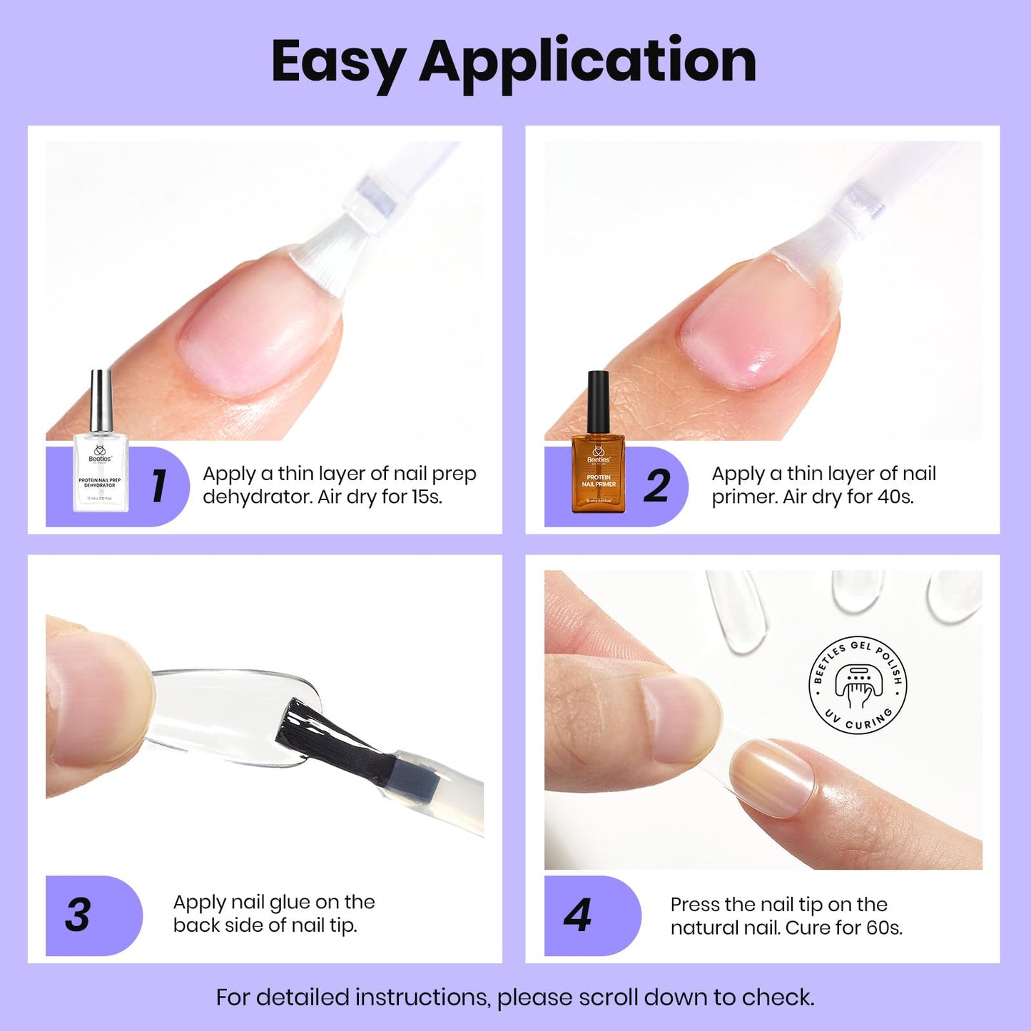 Beetles Protein Nail Primer 15ml for Gel Nail Polish, Upgraded Formula 2 in 1 Nail Bond No Lifting, Peeling, Hema & Acid Free for False Tips Acrylic & U V Prep for Women