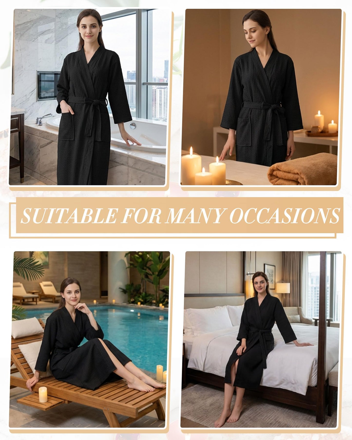Panitay 12 Pcs Women's Waffle Knit Robes Thin Spa Bath Robe Bulk Hotel Lightweight Commercial Soft for House Shower Party(X-Large,Black)