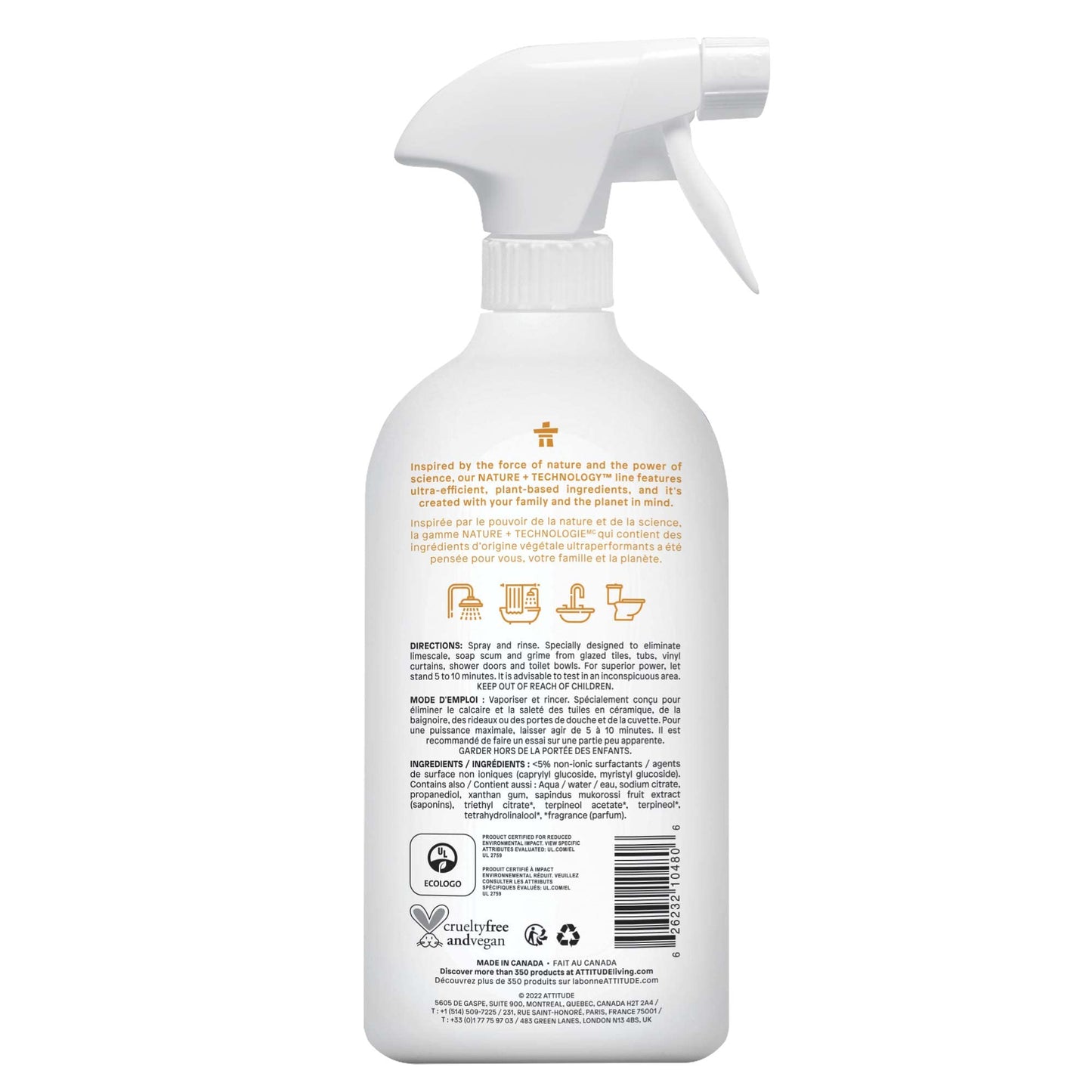 ATTITUDE Bathroom Cleaner Spray, EWG Verified, Plant-Based & Vegan, Safe for Bathroom Surfaces, Tiles, Tubs, Shower Walls, and Grout, Citrus Zest Scent, 27.1 Fl Oz