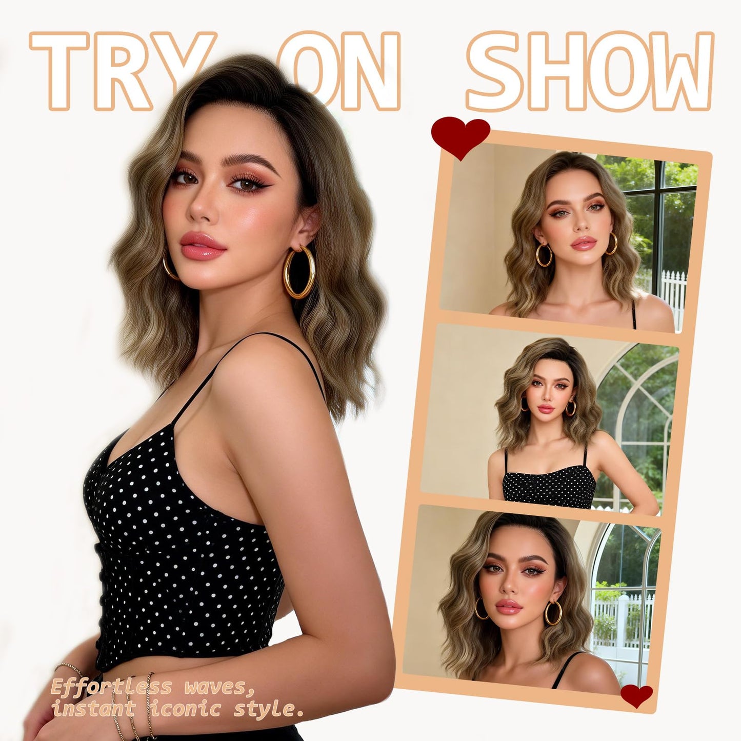 AliRobam Short Brown Highlight Wavy Bob Wig for Women Free Part 9x1 Lace Front Shoulder Length Curly Synthetic Wig Natural Hairline 14 Inch for Daily Party Cosplay
