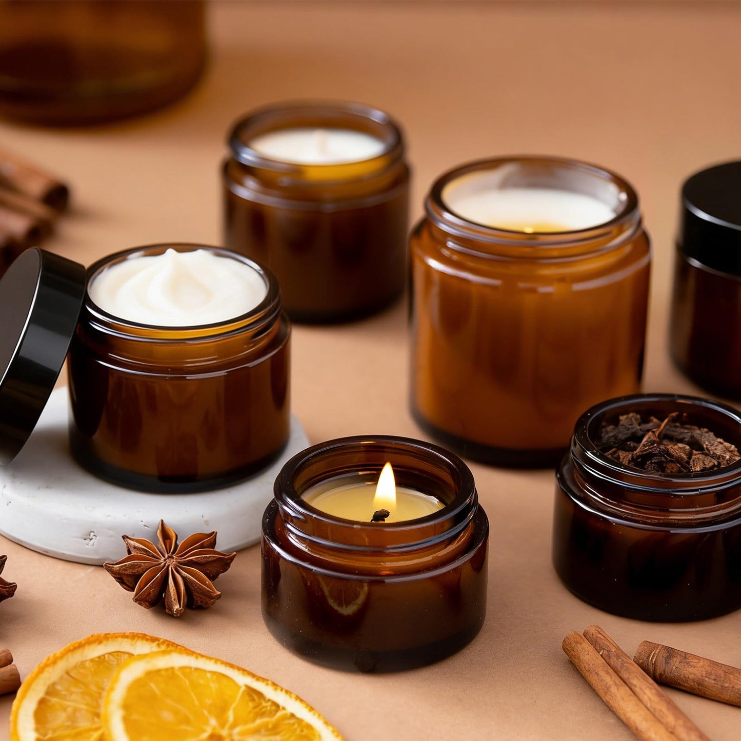 30 Pcs 2 oz Glass Jars with Lids, Amber Glass Jars with 40 Labels & 10 Spatulas, Inner Liners, LeakProof, UV-Protective,Round Glass Containers for Essential Oils, Spices, Candle Making,DIY