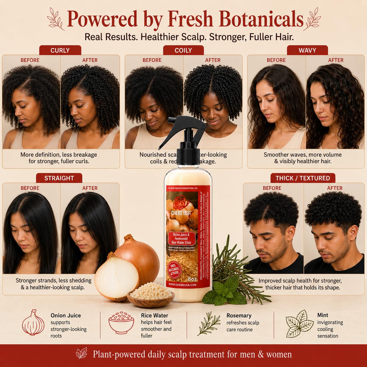 Fresh Onion Juice & Rice Water Hair Growth Spray with Rosemary & Mint (4 oz)– Strengthens Roots, Reduces Hair Fall, Promotes Thicker, Fuller Hair–Natural Scalp Treatment for Men & Women