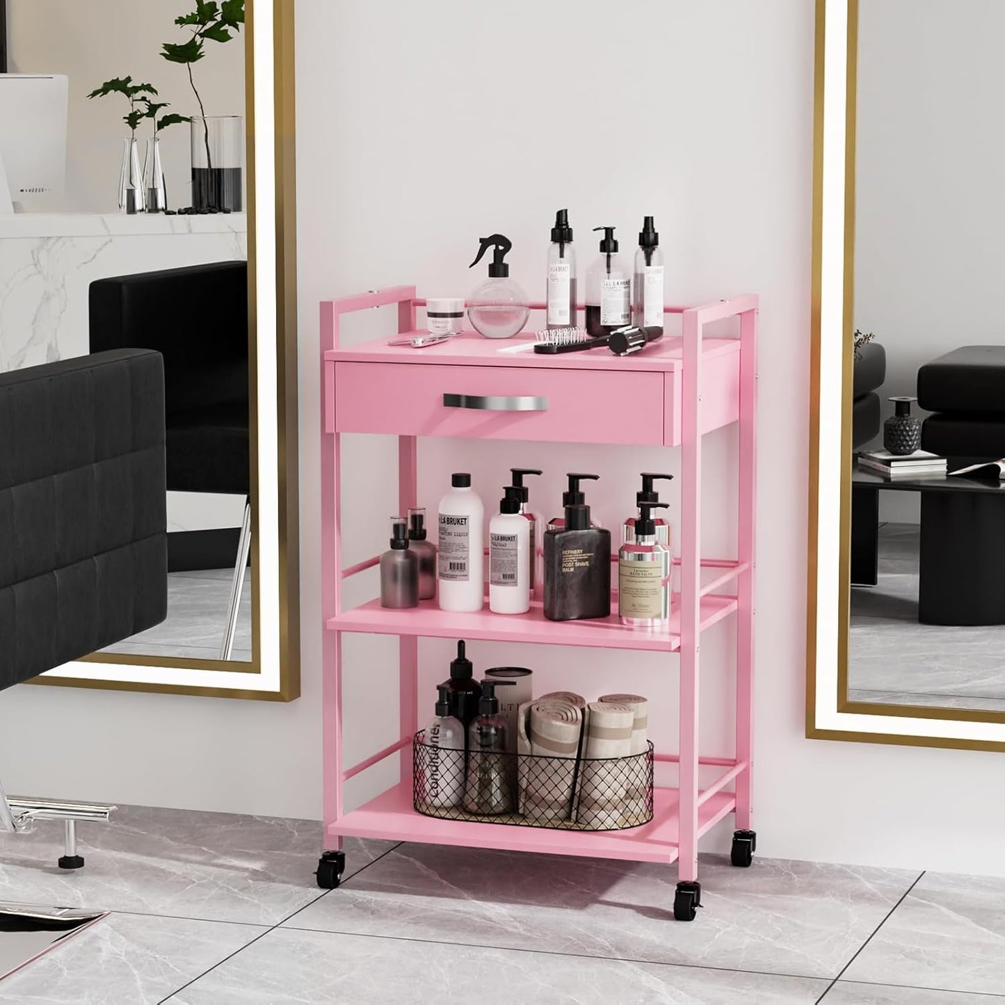 Salon Trolley Cart - Wooden Rolling Storage Station for Beauty | Mobile Utility Cabinet with 1 Drawer & 2 Trays, Pink