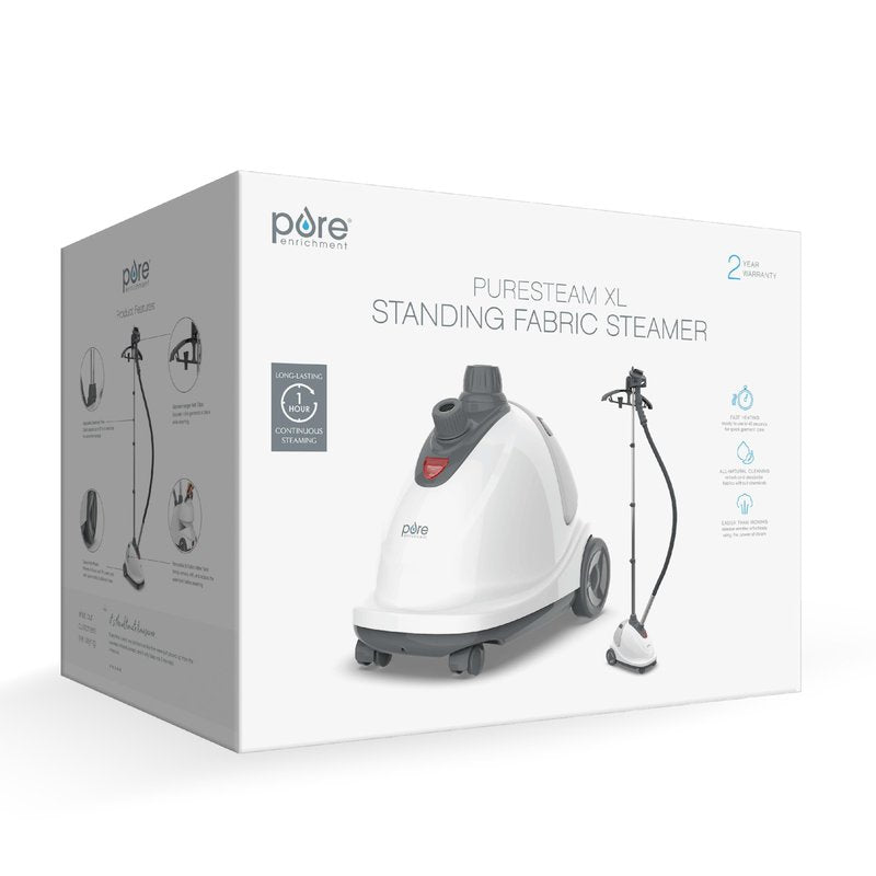 Pure Enrichment PureSteam XL Standing Fabric Steamer - Professional Wrinkle Remover Heats in 45 Seconds; 1/2-Gallon Tank for 1 Hour of Steaming; Easy-Roll Wheels, Garment Hanger, & Fabric Brush