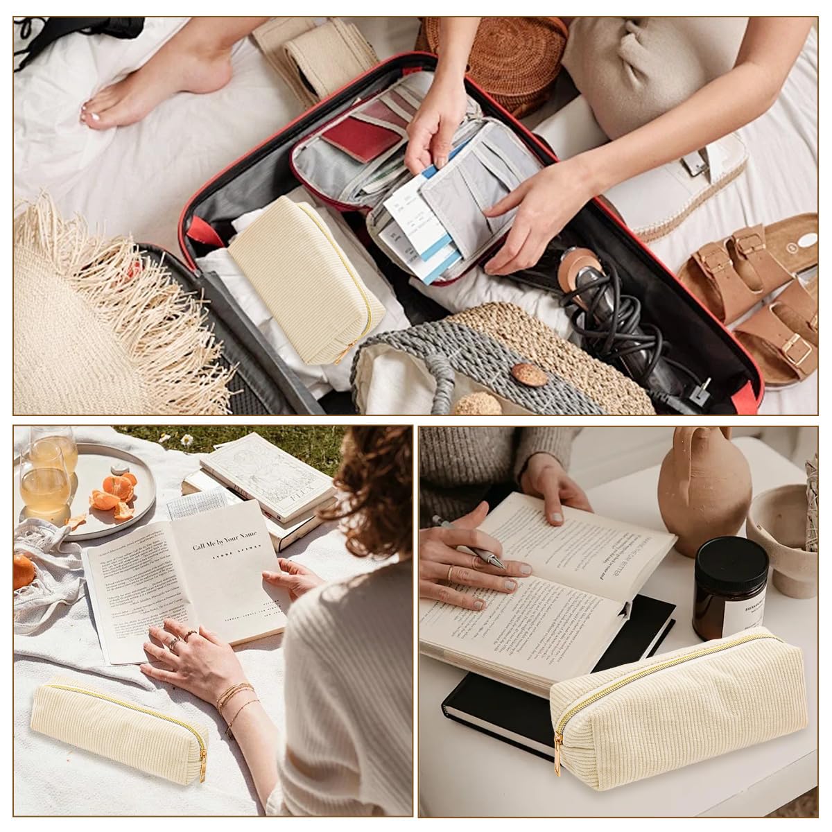 Ordeonrus 3 PCS Small Makeup Bag Set for Women Corduroy Cosmetic Bags Aesthetic Travel Toiletry Bag Cute Pencil Case for School Christmas Holiday Organizer Gifts