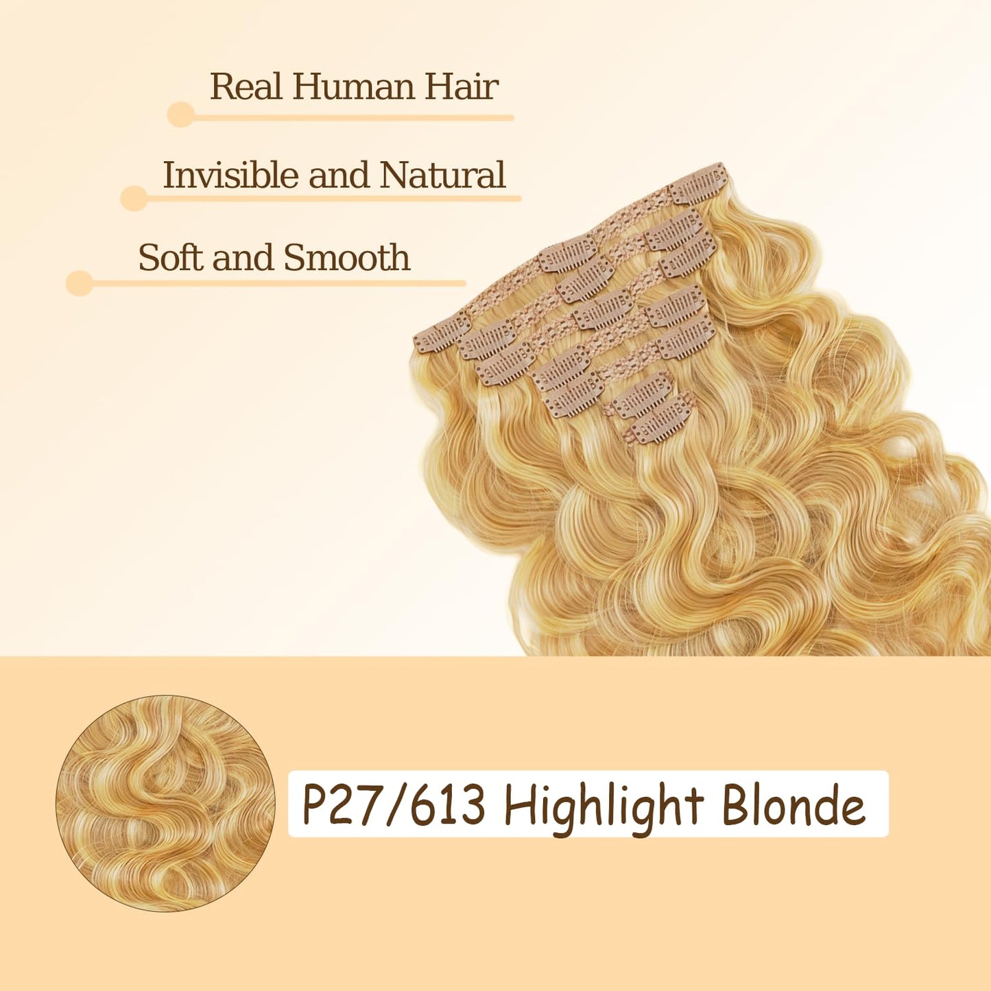 P27613 Blonde Clip in Hair Extensions Real Human Hair, 26 Inch 120g/7Pcs,Full Shine Remy Human Hair,Honey Blonde Body Wave Clip ins Brazilian Virgin Human Hair Extensions