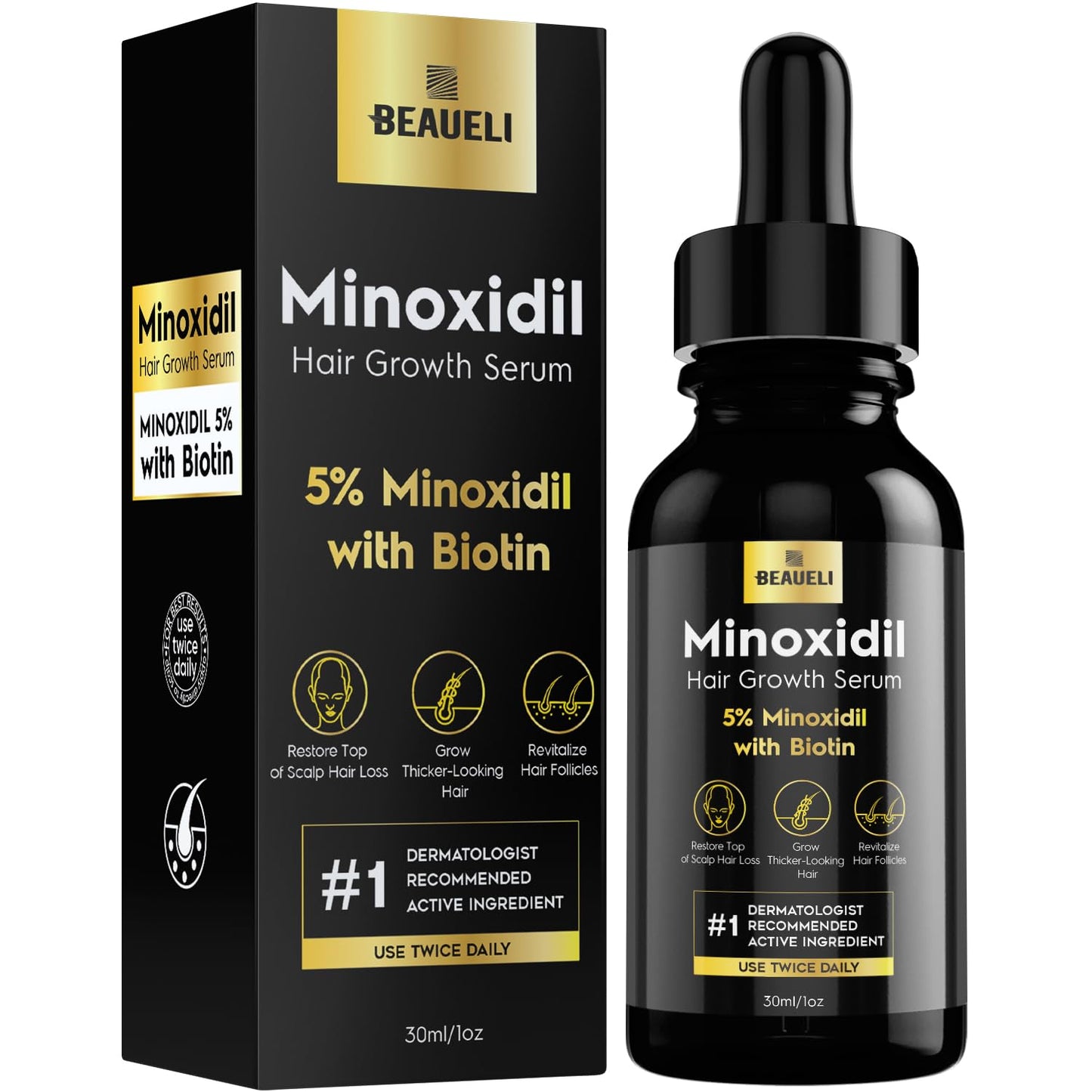 Beaueli 5% Minoxidil for Hair Growth | Unscented Hair & Beard Regrowth Drops, 3 Fl Oz (3 Bottles)