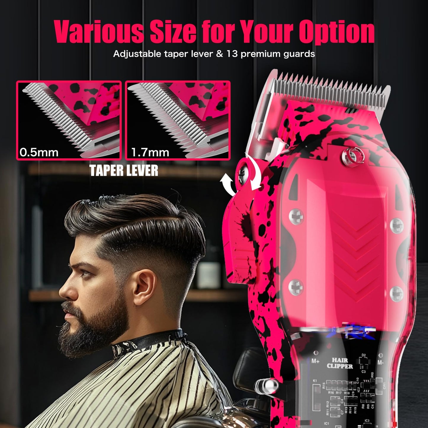 Tuanchuanrp Professional Hair Clippers for Woman, Cordless Barber kit for Hair Cutting & Grooming, Hair Clippers and Trimmer Set for Barber Haircut with LED Display, 8 Fade Taper Combs(Pink Set)
