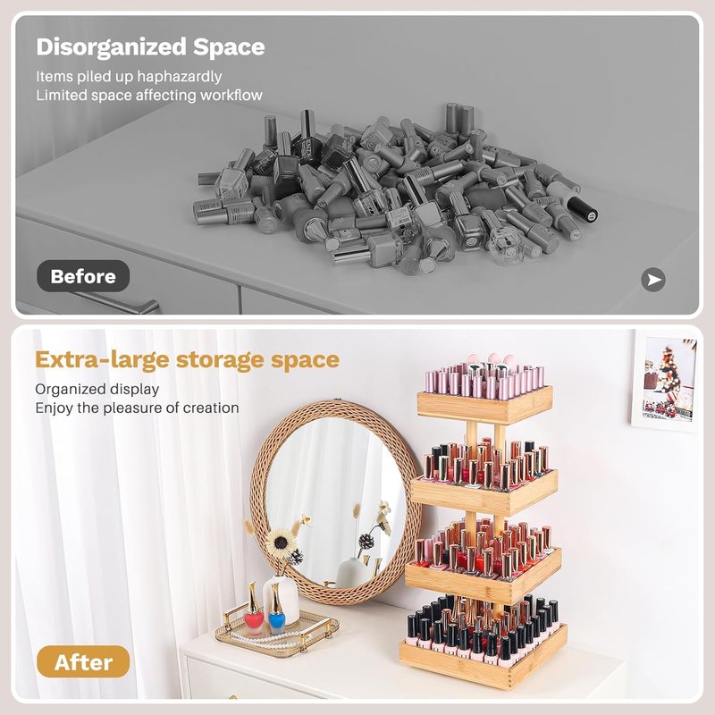 Nail Polish Display Stand - 360° Rotating Bamboo Rack Organizer | 4-Tier Makeup Holder for Easy Access - Brown