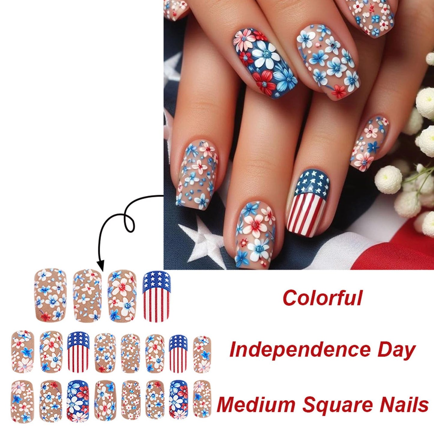 4th of July Press on Nails Medium Square Fake Nails Red Blue Flowers Design Matte Glue on Nails American Flag False Nails Independence Day Stick on Nails for Women Girls 24Pcs