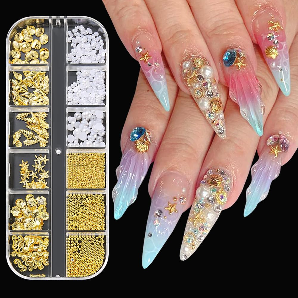 3D Star Nail Art Charms - Gold Metallic Studs & Rhinestones | Mixed Styles for DIY Manicure Supplies