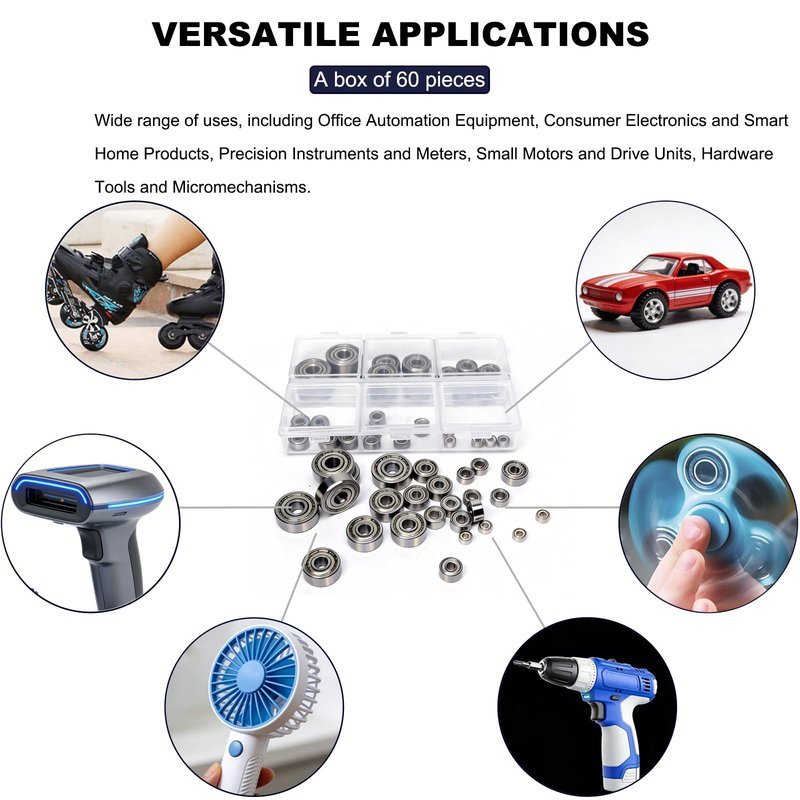 60 Pcs 6-Size 625ZZ 624ZZ 623ZZ 693ZZ 683ZZ 682ZZ Deep Groove Ball Bearings Kit, Miniature Bearings Assortment for Skateboards, Consumer Electronics - Double Shielded