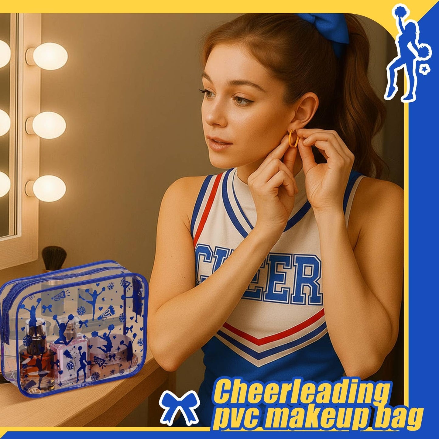 Shinylin 20 Pcs Cheer PVC Makeup Bag Cheer Teams Gifts Clear Makeup Case Cheerleader Teams Gifts Toiletry Zipper Pouch for Cheerleading Teammates Party Supplies,7.9 x 5.9 x 2.4''(Blue)