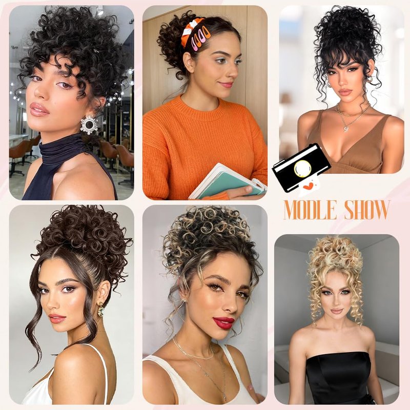 Curly Messy Bun Hair Piece - Short Synthetic Loose Wave Updo | Dark Brown Drawstring Style