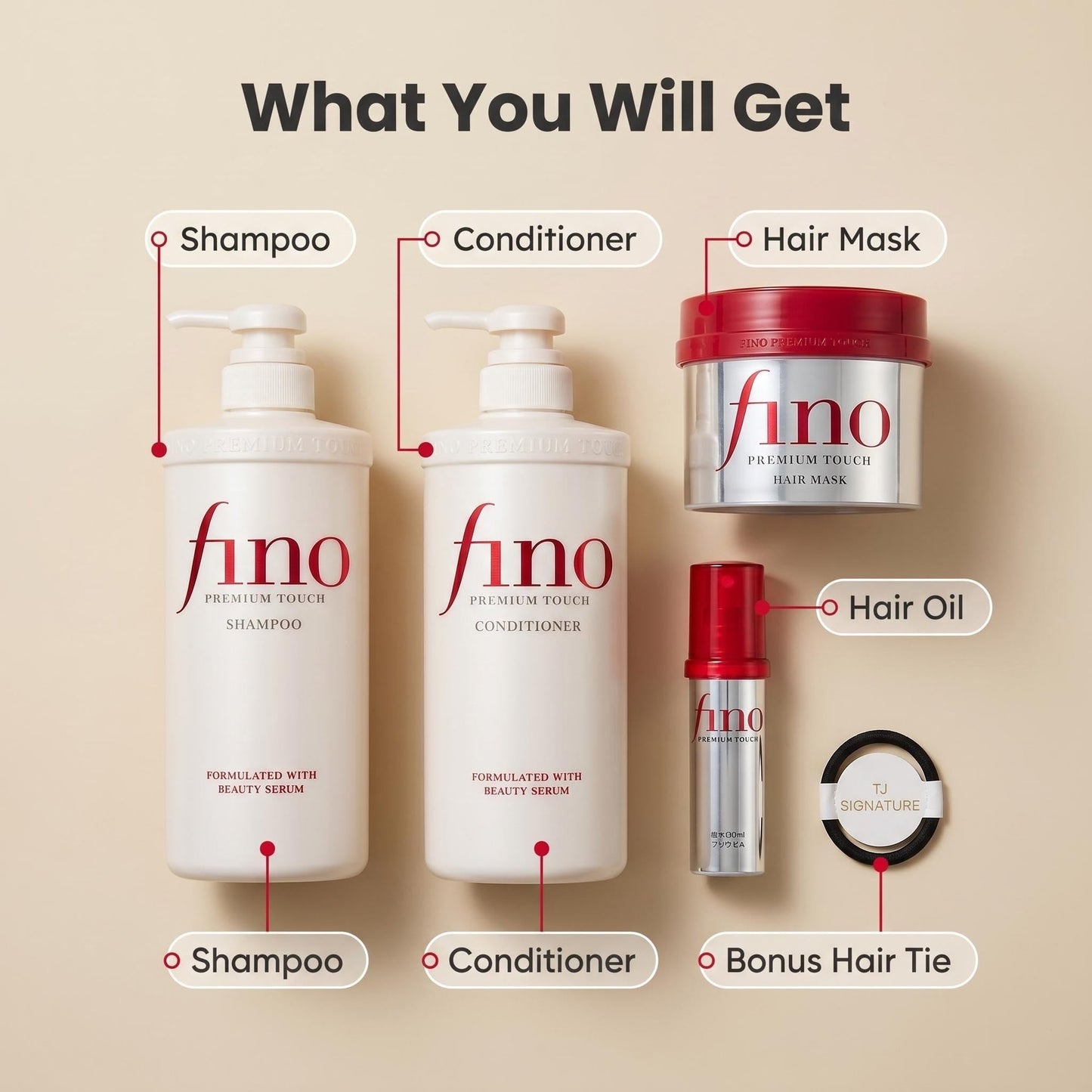 TJ SIGNATURE Fino Premium Touch Complete Hair Spa Set - Shampoo (550ml), Conditioner (550ml), Mask (230g) & Hair Oil (70ml) 5-Piece J-Beauty System for Damaged Hair - Bonus Branded Hair Tie Included