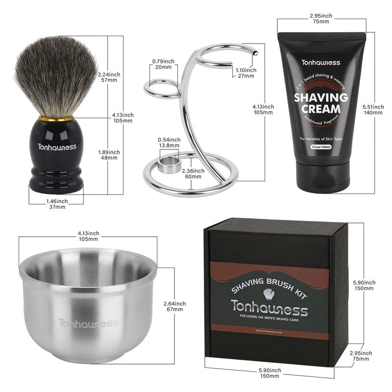 Shaving Brushes Kit For Men, 4 In 1 Shaving Brush Set Includes Nylon Bristle Shaving Brush, Sandalwood Shaving Cream, Stainless Steel Shaving Bowl and Stand (Nylon Bristle with Cream)