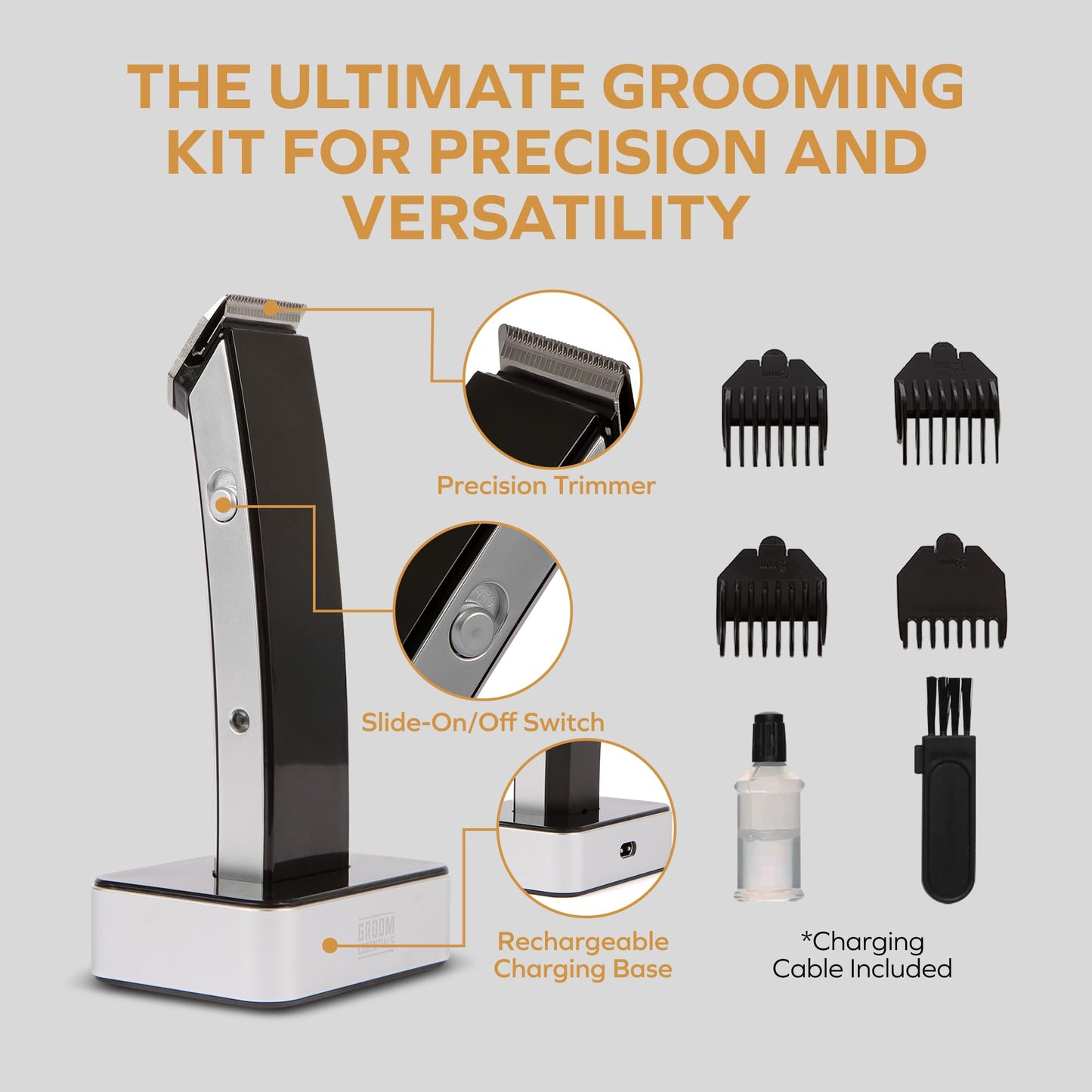 CHARGEWORX Beard & Hair Trimmer for Men, Rechargeable Cordless Grooming Kit with 4 Guide Combs (3–12mm), Stainless Steel Precision Blades, Mustache & Beard Trimmer with Charging Base