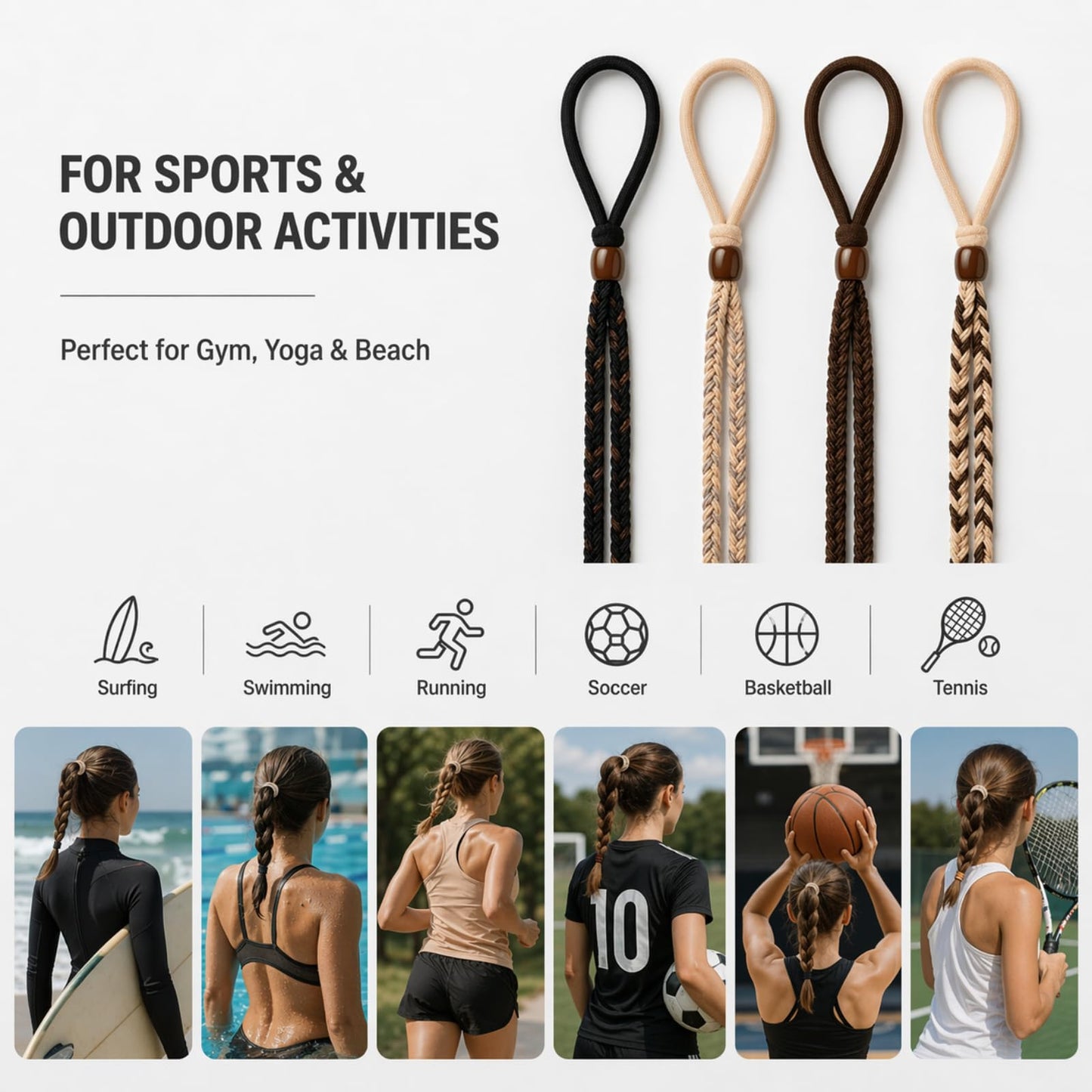 4 Pcs Spiral Braided Hair Ties for Sports,No Damage,Hair Bands for Gym, Yoga,Beach Activities,Non-Slip Elastic Ponytail Holders for Women Girls,17''