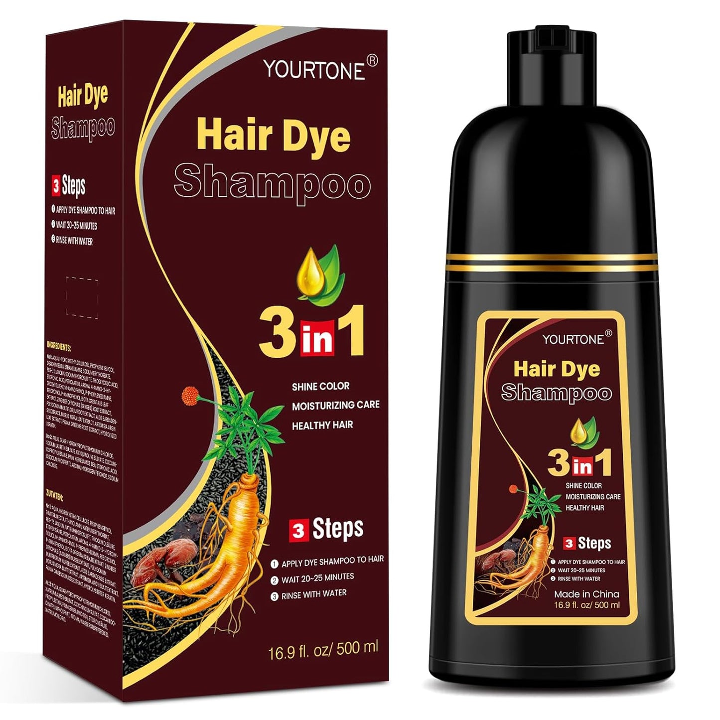 YOURTONE Black Hair Dye Shampoo - 3-in-1 Gray Coverage for Men & Women | Herbal Formula, 16.9 Oz