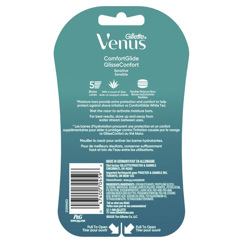 Gillette Venus ComfortGlide Sensitive Disposable Razor for Women, 5 Blades with a Touch of Aloe, Water-Activated Moisture Bars, 2ct