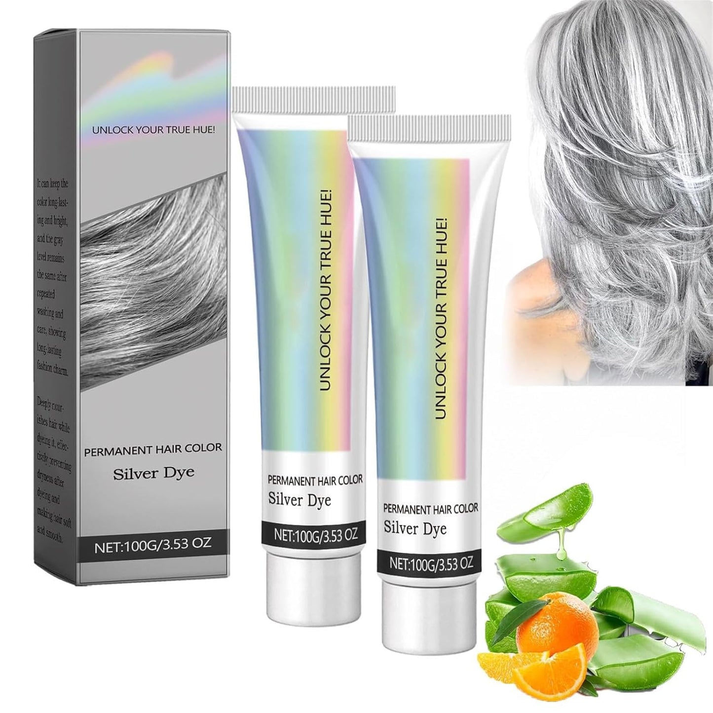 Silver Hair Dye - 2 in 1 Natural Essence Extract for Metallic Gray Color | Permanent Cream for Men & Women