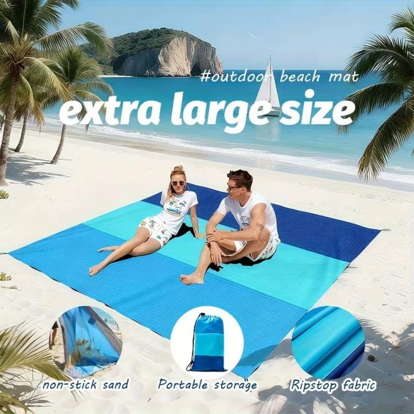 Beach Blanket Sandproof Oversized, 79''×83'' Extra Large Beach Mat, Portable Picnic Mat for Travel Camping Hiking, Lightweight Beach Essentials Family Water Resistant Mat Nylon 210T (Blue)